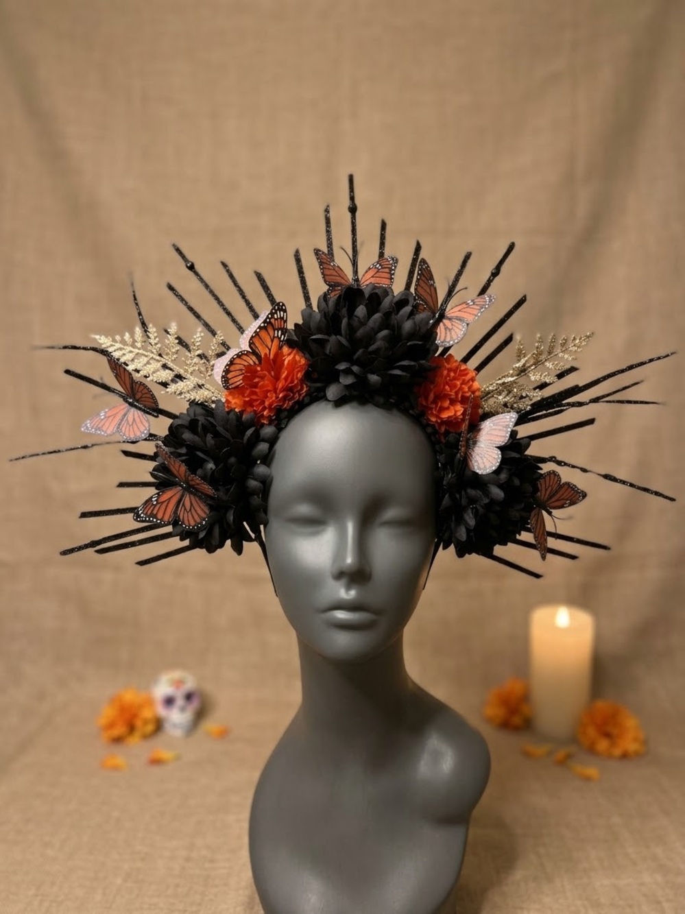 Day of the death Monarch Butterfly Crown / Halloween costumes / Handmade 🧡⚫️